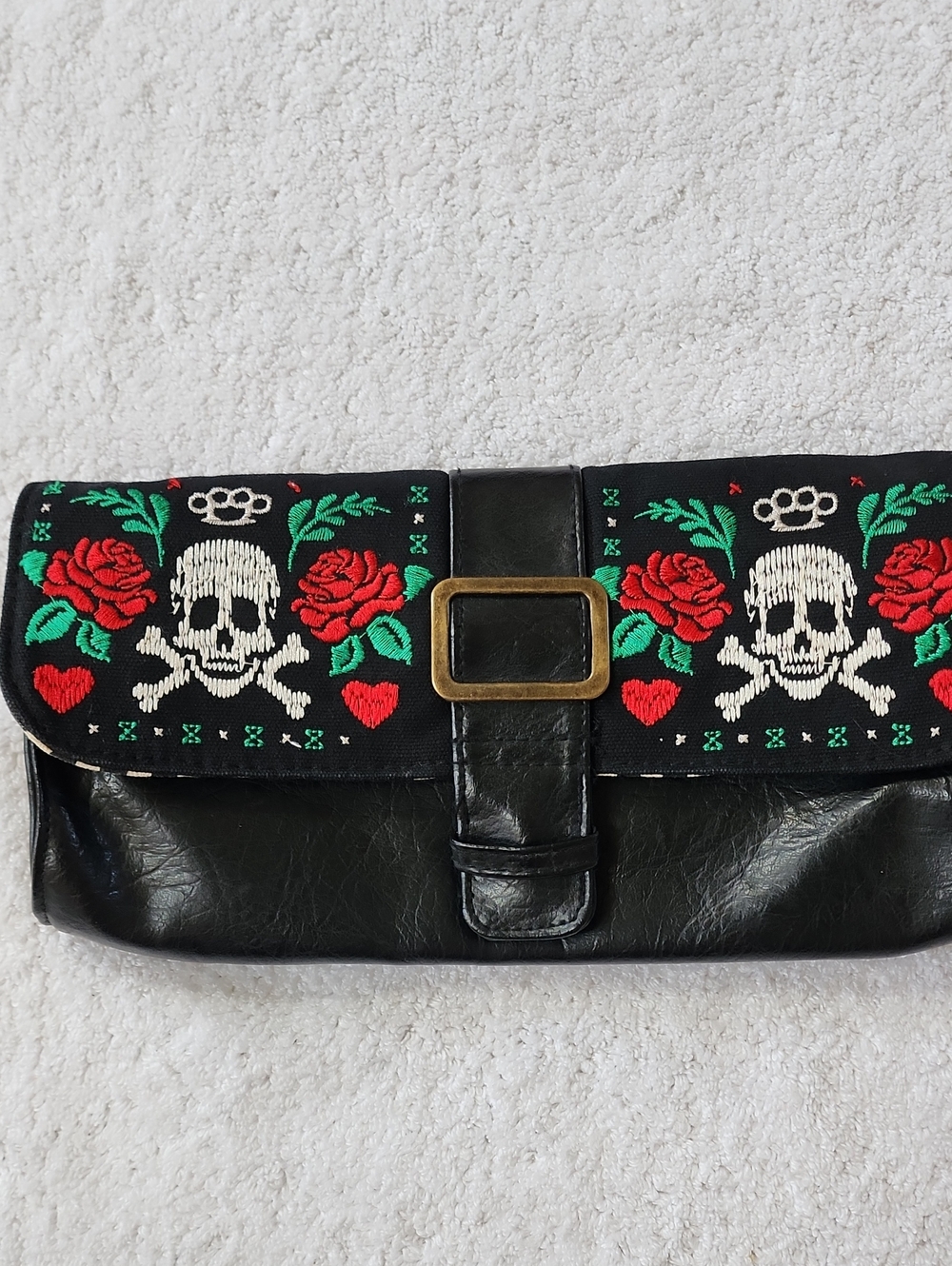Loungefly Black Embroidered Skulls & Roses Clutch Bag Preowned